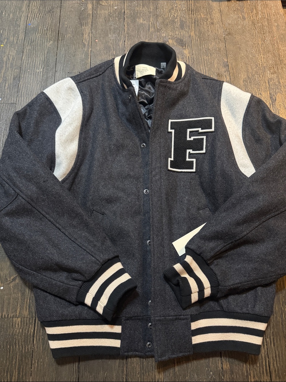 Fear of God Black and Cream Letterman Bomber Jacket